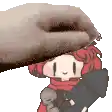 a hand is petting a cartoon character 's head .