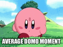 kirby is standing in the grass with the words `` average domo moment '' written on the bottom .