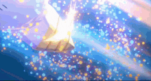 an origami bird is flying through the air with a blue background and lots of sparkles .
