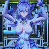 a woman in a blue and white dress is dancing in a video game