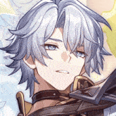 a close up of a person 's face with a sword in his hand