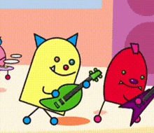 a cartoon character is playing a green guitar