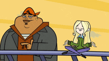 a cartoon of a man and a girl with the letter t on their jackets
