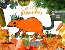 a drawing of a carrot with a trash can in the background