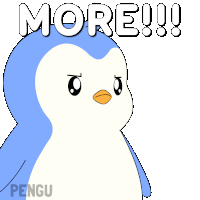 a blue and white penguin with the words more written above it