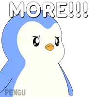 a blue and white penguin with the words more written above it