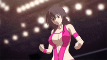 a cartoon of a woman in a pink wrestling outfit