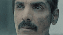 a man with a mustache is looking at the camera with a serious look on his face .