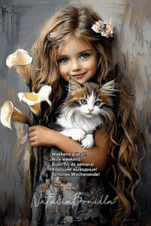 a painting of a little girl holding a cat and flowers by natalia donilla