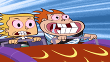 two cartoon characters are riding a roller coaster and one of them has a s on his shirt