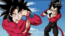 a cartoon of a man in a red shirt standing next to another man in a black shirt
