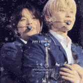 a couple of people standing next to each other with the words yumi y shua < 3 at the bottom