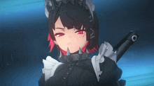 a girl with red hair is wearing a maid costume and holding a gun