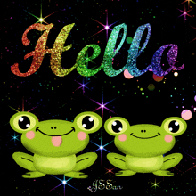 two green frogs are sitting next to each other and the word hello is visible