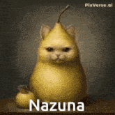 a cat that looks like a pear is sitting on a table with nazuna written on it