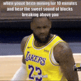 a basketball player wearing a lakers jersey is standing on the court