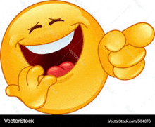 a cartoon smiley face is laughing and pointing at something .