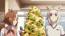 two anime characters standing in front of a stack of food