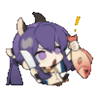 a cartoon of a girl with purple hair holding a knife and a fish .