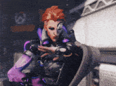 a video game character with red hair and purple sleeves is pointing at something