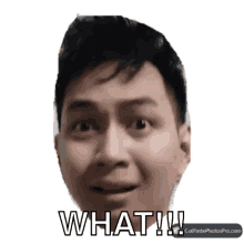 a man with a surprised look on his face has the words what written on his face