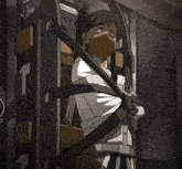 a cartoon character is tied up in a cage with a chain around her neck