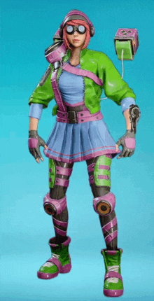 a girl in a green jacket and pink skirt is standing with her arms crossed