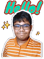a sticker of a man with glasses and the words hello