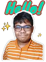 a sticker of a man with glasses and the words hello