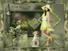 a woman in a green dress stands next to a dog with the words ain t love the sweetest thing