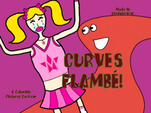a poster for curves flambe shows a cheerleader and a red worm
