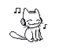 a pixel art drawing of a white cat wearing headphones and listening to music .