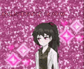 a girl with a ponytail is standing in front of a pink background with the words distort now written on it .