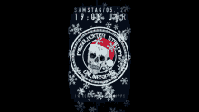 a poster with a skull wearing a santa hat and the time 19:00 uhr