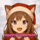 a picture of a girl wearing a santa hat and the words happy christmas