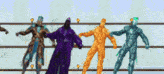 a video game scene with four statues dancing