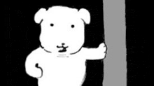a black and white drawing of a white dog standing next to a pole .