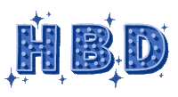 the word hbd is written in blue letters with white polka dots