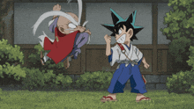a cartoon of a boy with a sword standing next to an old man with a beard