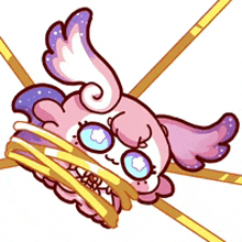 a cartoon drawing of a pink and purple bunny with wings and blue eyes