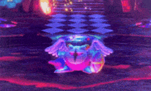 a close up of a teddy bear with a purple background