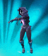 a video game character is dancing in front of a blue backdrop