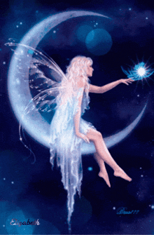 a fairy is sitting on a crescent moon with a star in her hand