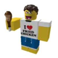 a roblox character that says i love fried chicken
