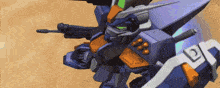 a blue and orange robot with a gun and shield is flying in the air .