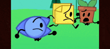 a group of cartoon characters standing next to each other in a field .