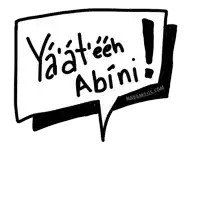 a black and white drawing of a speech bubble with the words yaaat eeh abini