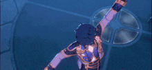 a boy in a purple and gold outfit is dancing in a video game