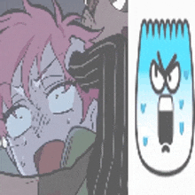 a cartoon of a girl with pink hair and an angry face next to a cartoon of a person with a blue face .