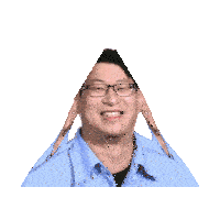 a man with glasses and a blue shirt is in a pyramid shape